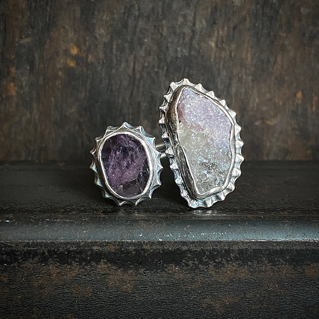 Split Ring with Tourmaline and Lepidolite in Quartz
