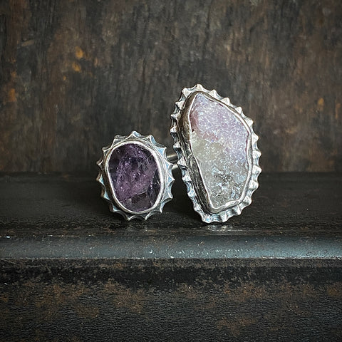 Split Ring with Tourmaline and Lepidolite in Quartz