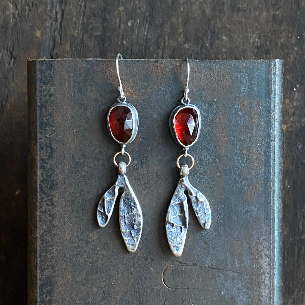 Lunar Sprout Dangle Earrings with Garnet