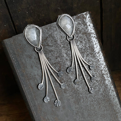 Lunar Dewdrop Earrings with Rose Cut Gray Moonstone