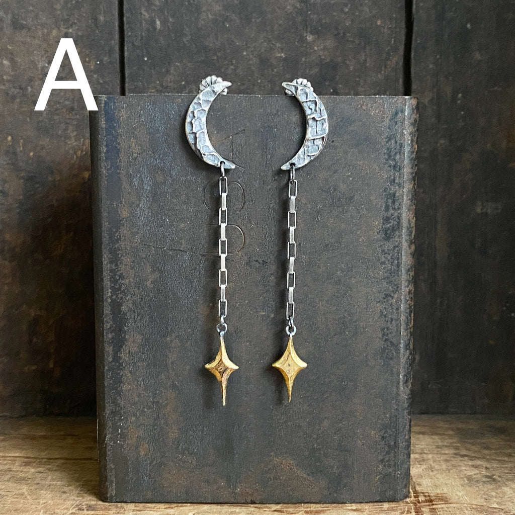 Lunar Crescent and Star Chain Dangle Earrings