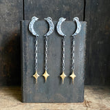 Lunar Crescent and Star Chain Dangle Earrings