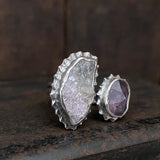 Split Ring with Tourmaline and Lepidolite in Quartz