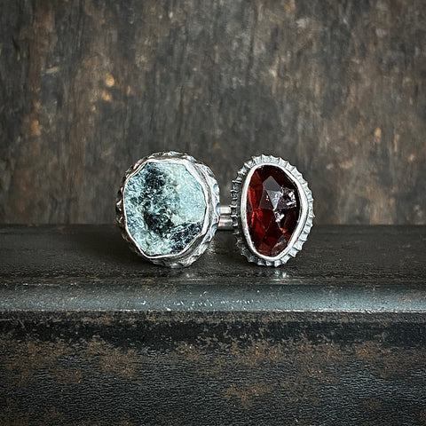 Split Ring with Garnet and Tourmaline in Quartz Specimen