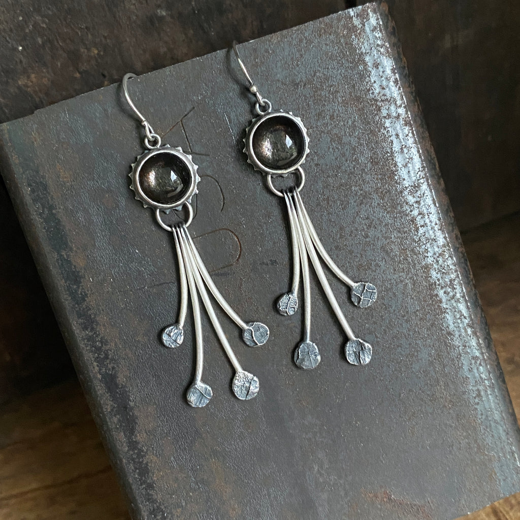 Lunar Dewdrop Earrings with Black Moonstone