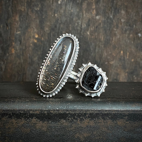 Split Ring with Lattice Moonstone and Black Tourmaline in Quartz
