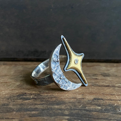 Split Ring with Crescent Moon, Gilded Star, and Diamond