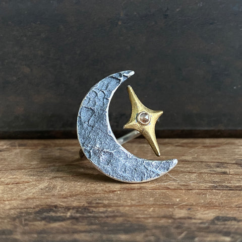 Split Ring with Crescent Moon, Gilded Star, and Rosecut Diamond