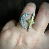 Split Ring with Crescent Moon, Gilded Star, and Diamond