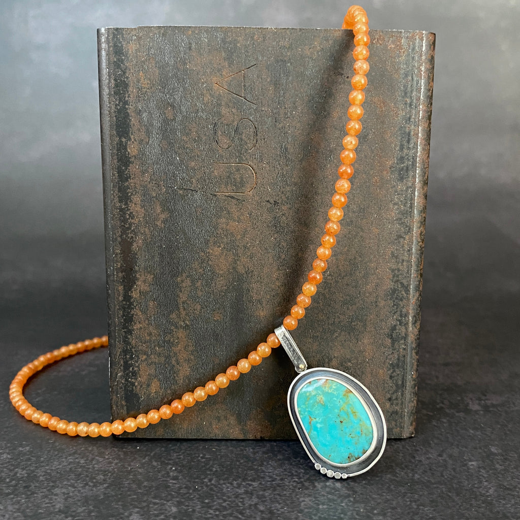 Penna Pendant with Kingman Turquoise and Orange Jade