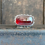 Hessonite Garnet Ring with Wide Band and Dotted Frame