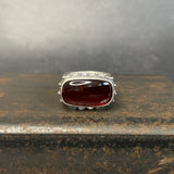 Hessonite Garnet Ring with Wide Band and Dotted Frame
