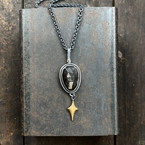 Golden Black Moonstone Pendant with Gilded Star