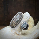 Split Ring with Lattice Moonstone and Black Tourmaline in Quartz