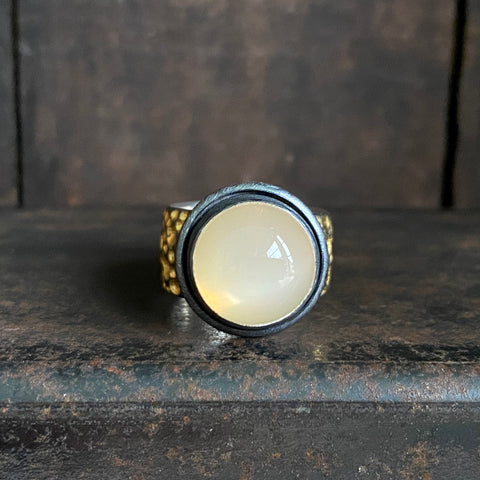 Gilded Meteorite Ring with Golden Moonstone
