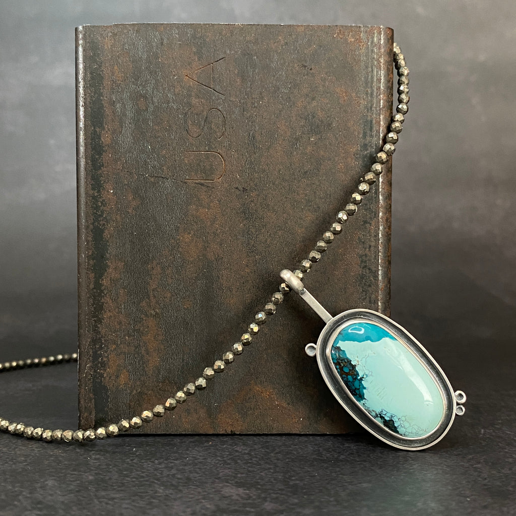Cladonia Orbit Pendant with Turquoise and Faceted Pyrite