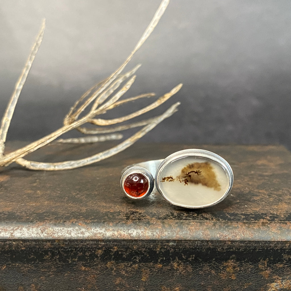 Duo Ring with Dendritic Agate and Garnet