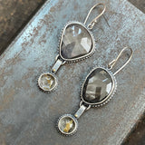 Spiny Hinge Earrings with Gray Sapphire and Golden Rutilated Quartz