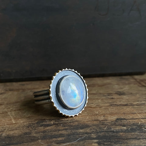 Halo Ring with Rainbow Moonstone