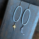 Lunar Crescent and Star Oval Dangle Earrings