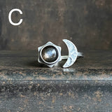 Lunar Crescent Split Ring with Black Moonstone