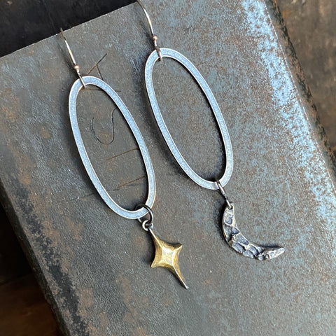 Lunar Crescent and Star Oval Dangle Earrings