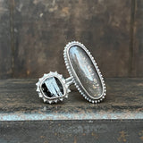 Split Ring with Lattice Moonstone and Black Tourmaline in Quartz