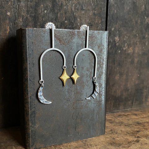 Lunar Fork Earrings with Crescent and Keum Boo Star