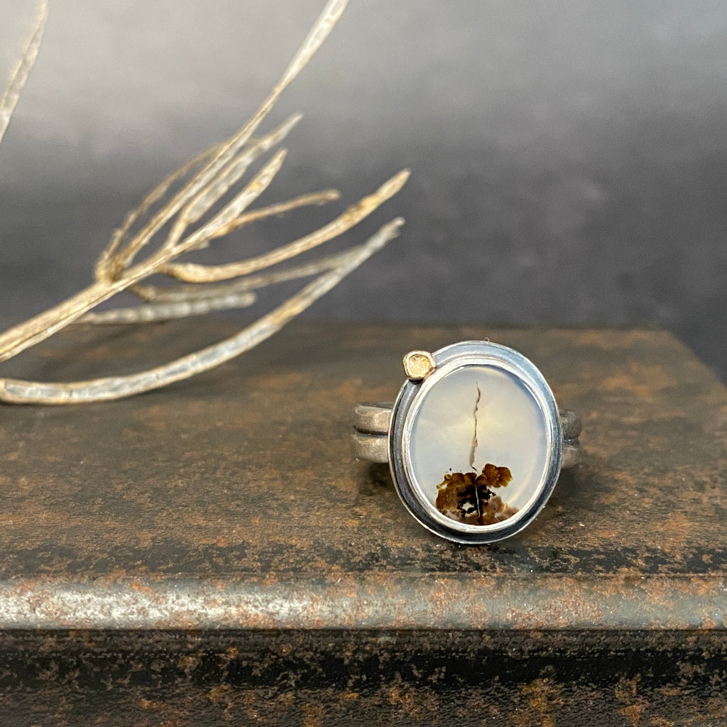 Dendritic Agate Ring with Gold Dot