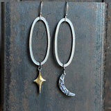 Lunar Crescent and Star Oval Dangle Earrings