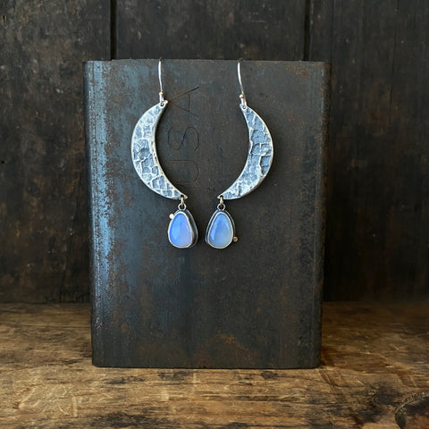 Lunar Crescent Earrings with Opal