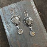 Spiny Hinge Earrings with Gray Sapphire and Golden Rutilated Quartz