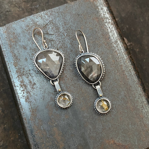 Spiny Hinge Earrings with Gray Sapphire and Golden Rutilated Quartz