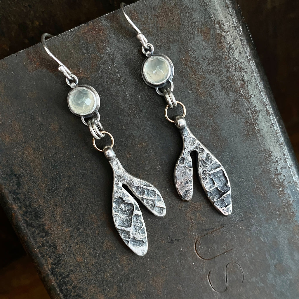 Lunar Sprout Dangle Earrings with Prehnite