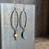 Lunar Crescent and Star Oval Dangle Earrings