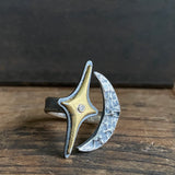 Split Ring with Crescent Moon, Gilded Star, and Diamond
