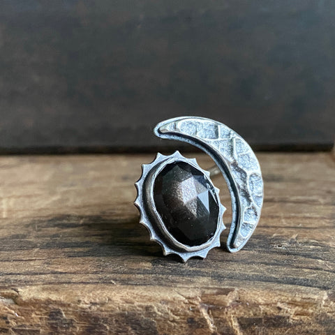 Split Ring with Crescent Moon and Black Moonstone