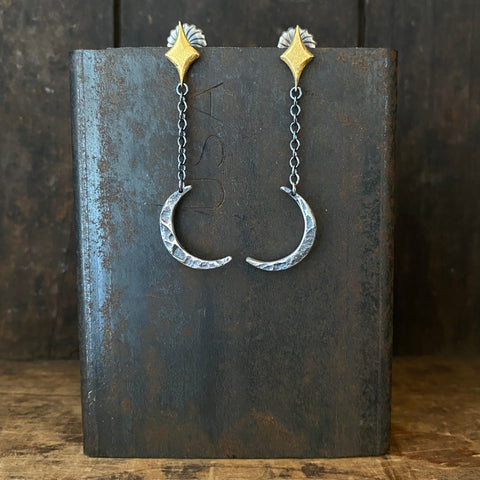 Lunar Chain Earrings with Crescent and Star