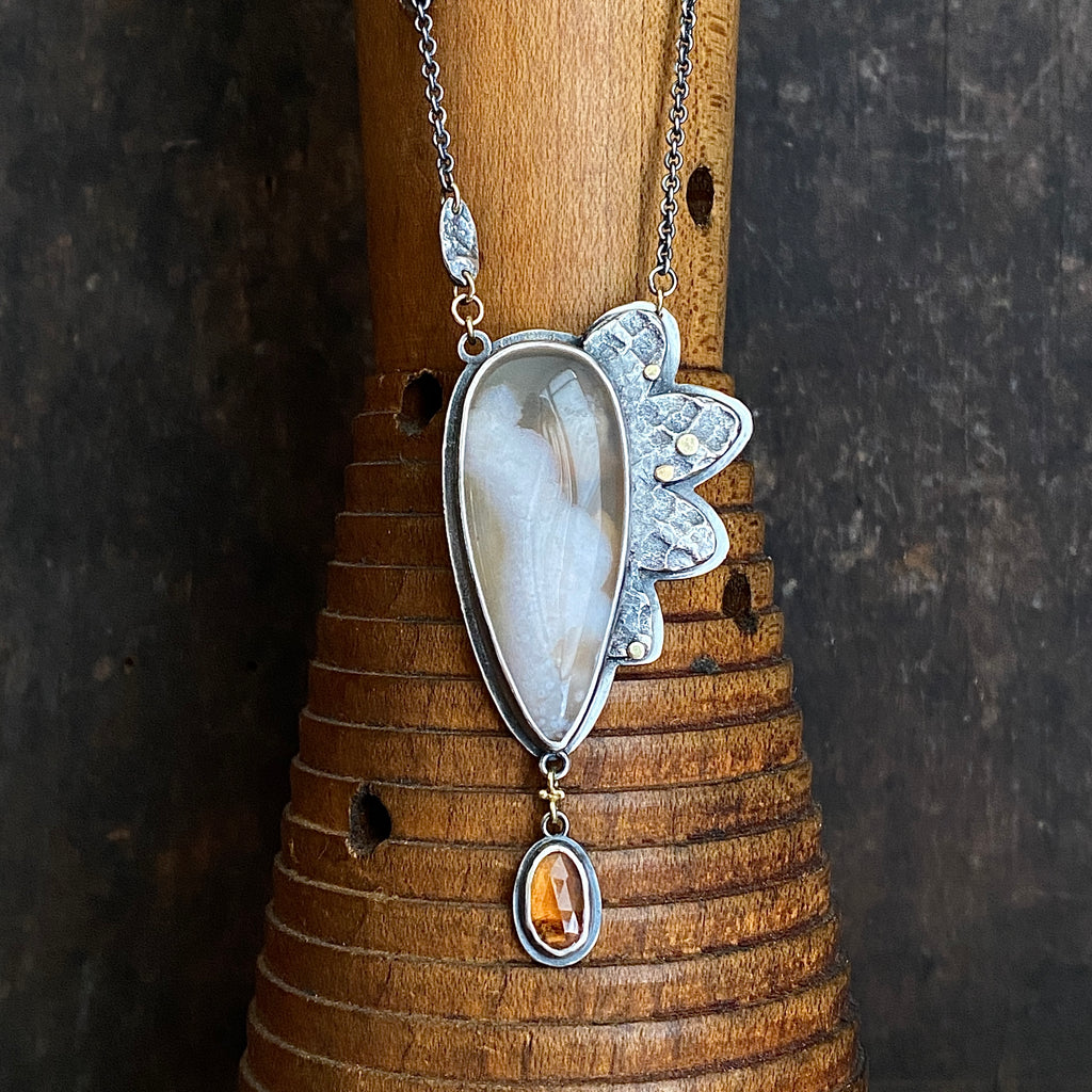 Lunar Bloom Pendant with Sakura Agate and Hessonite Garnet