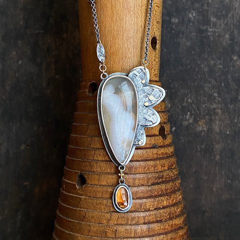 Lunar Bloom Pendant with Sakura Agate and Hessonite Garnet