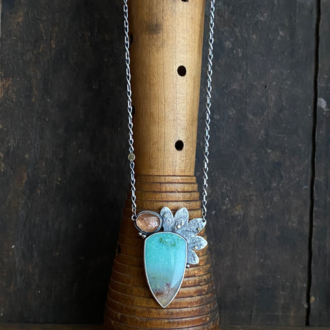 Lunar Side Bloom Pendant with Opalized Wood and Sunstone