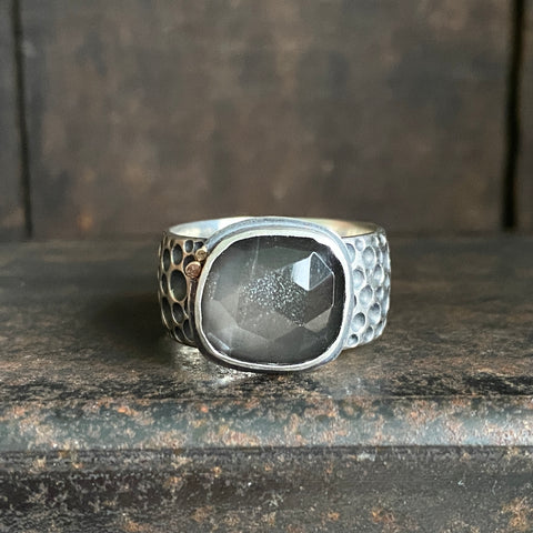 Meteorite Ring with Rose Cut Gray Moonstone