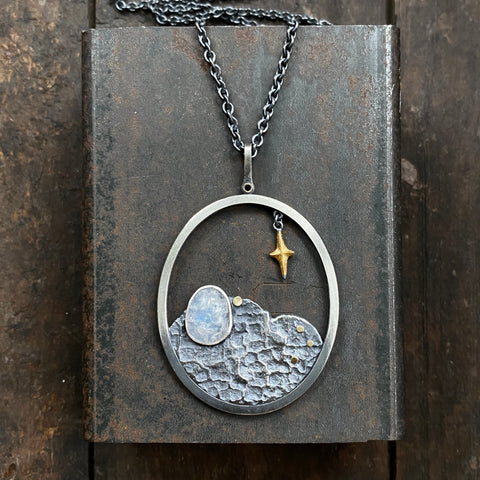 Lunar Terrain Pendant with Rainbow Moonstone