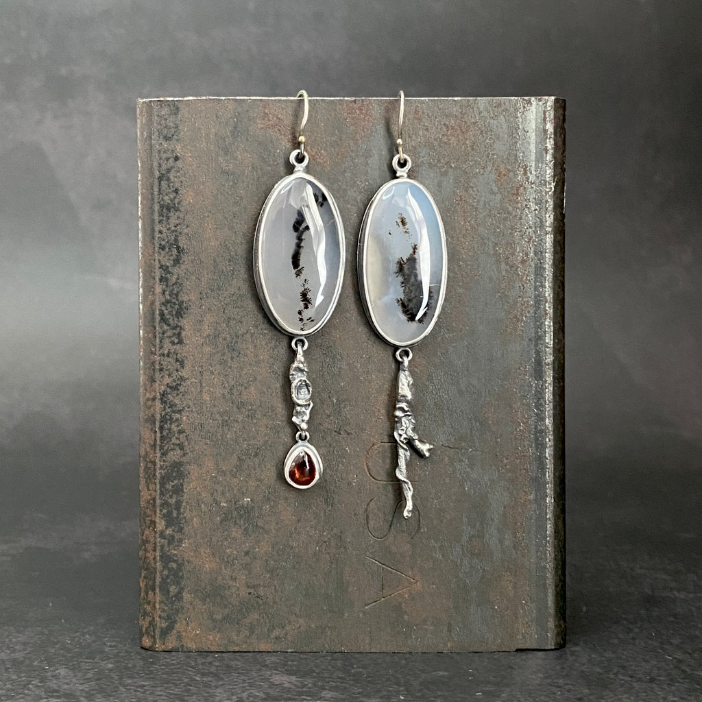 Ramulus Dendritic Agate Earrings with Garnet Drop
