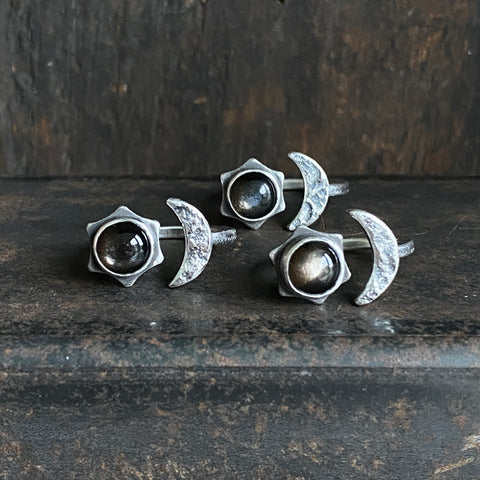 Lunar Crescent Split Ring with Black Moonstone