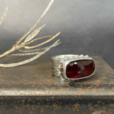 Hessonite Garnet Ring with Wide Band and Dotted Frame
